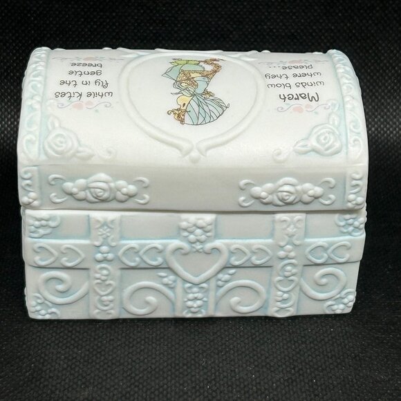 1995 Precious Moments Bisque Porcelain March Keepsake Trinket Box w/Key - Picture 2 of 4